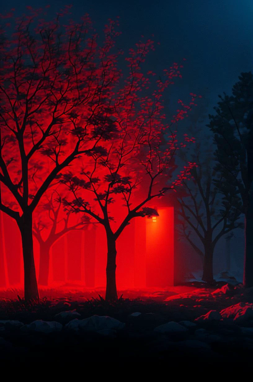 a red light shines on a tree in the dark forest at night time with a red light shining on the tree, Filip Hodas, octane renderer, a 3D render, neo-romanticism <lora:Dark_Style-000008:0.8> cinematic lighting, David Park, lights,