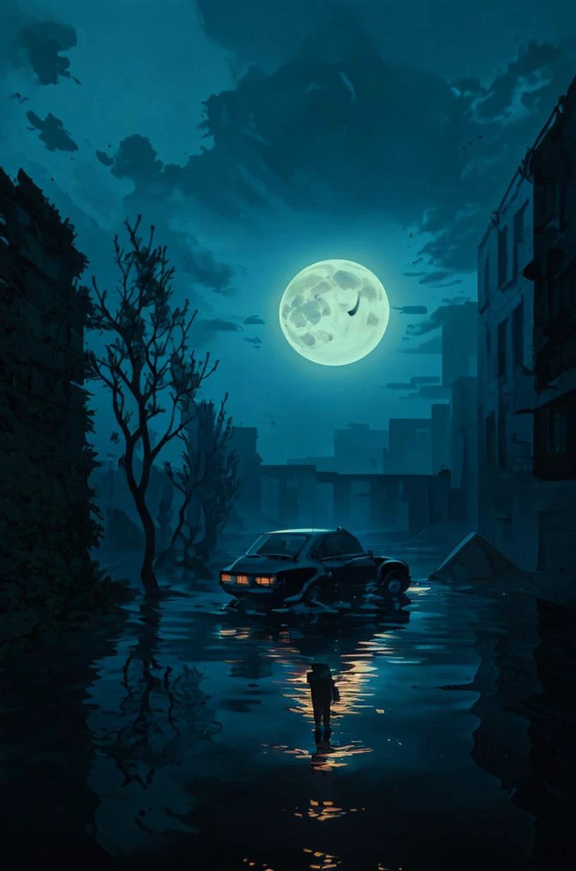 a car parked in a flooded area with a full moon in the background and a man holding an umbrella, Filip Hodas, desolate, an album cover, neo-romanticism <lora:Dark_Style-000008:0.8> cinematic lighting, David Park, lights,