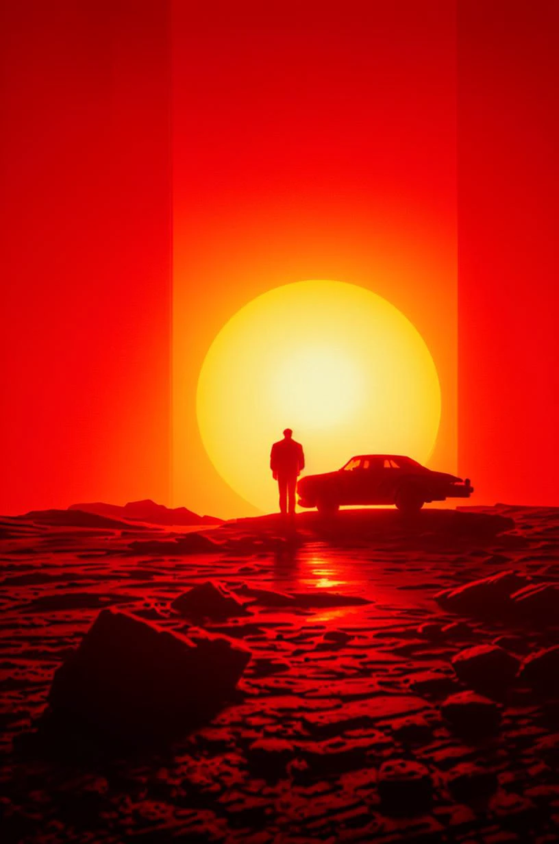 a man standing in front of a car in the sunset with the sun in the background and a person standing in the distance, Filip Hodas, synthwave, poster art, retrofuturism <lora:Dark_Style-000008:0.8> cinematic lighting, David Park, lights,
