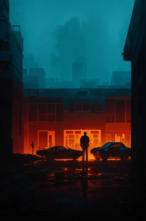 a man standing in the dark next to a car in a parking lot at night with a building in the background, Elsa Bleda, cinematic lighting, cyberpunk art, serial art <lora:Dark_Style-000008:0.8> cinematic lighting, David Park, lights,