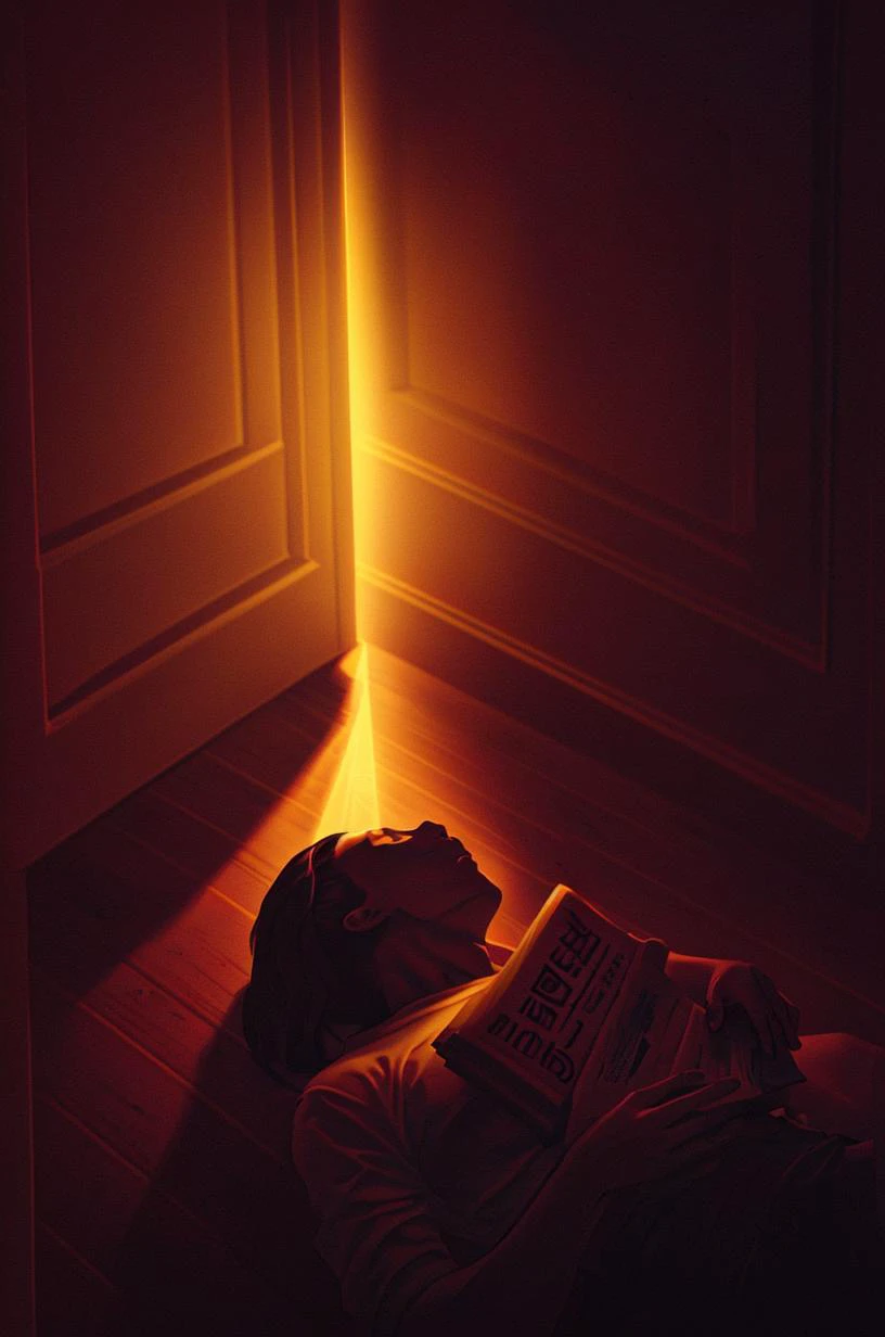 a person laying on the floor reading a book in the dark with a flashlight shining through the door behind them, Drew Tucker, atmospheric lighting, a photo, light and space, <lora:Dark_Style-000008:0.8> cinematic lighting, David Park, lights,