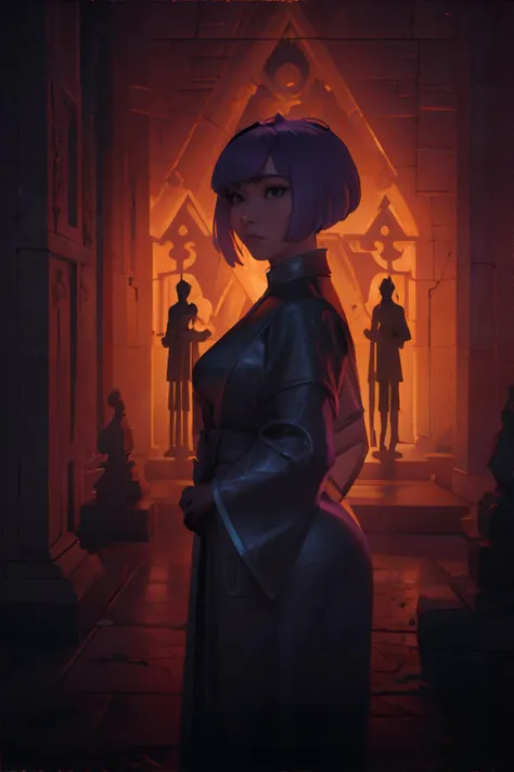 <lora:darkstyle-isabelia:0.8>, cinematic lighting, David Park, lights, human woman, lilac bob with bangs, black eyes, wearing celestial robes, In a grand cathedral carved into a mountainside, where monks chant ancient hymns || <lora:darkstyle-isabelia:0.2>, cinematic lighting, masterpiece, 8k, high resolution, shallow depth of field, sharp focus