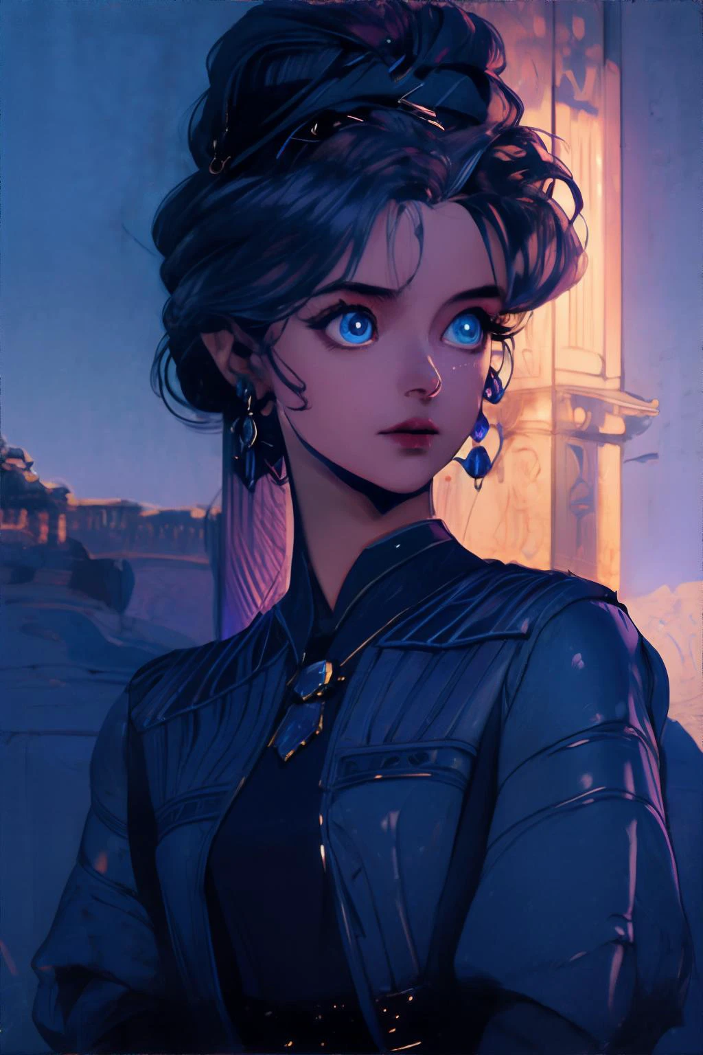 <lora:darkstyle-isabelia:0.8>, cinematic lighting, David Park, lights, halfling woman, violet chignon, deep blue eyes, wearing wizard's habit, In a grand palace made of clouds, where the sky king and queen reside || <lora:darkstyle-isabelia:0.2>, cinematic lighting, lights, masterpiece, 8k, high resolution, shallow depth of field, sharp focus