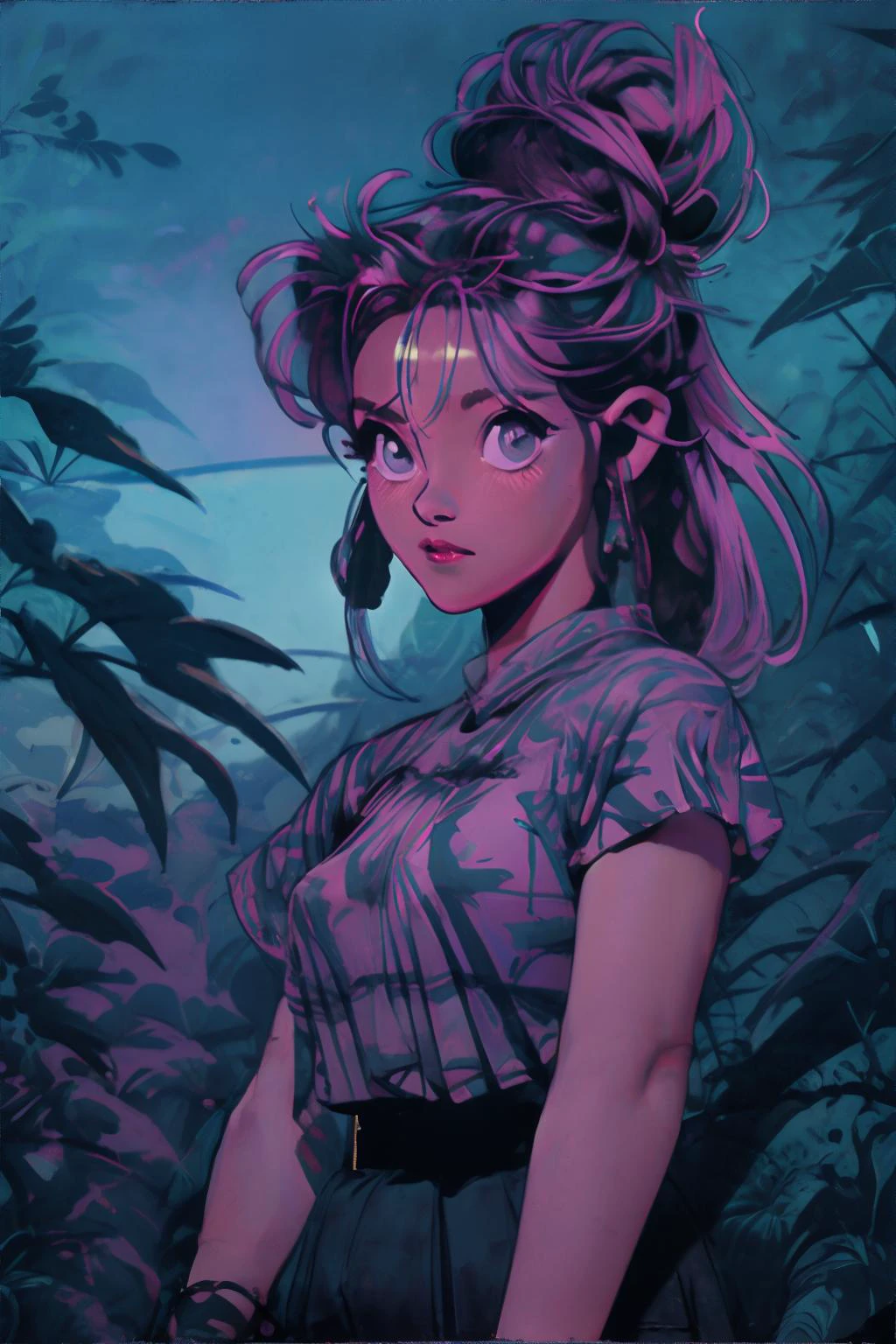 <lora:darkstyle-isabelia:0.8>, cinematic lighting, David Park, lights, dwarf woman, pink top knot, gray eyes, wearing sorcerer's habit, In a dense jungle with plants that glow in the dark and trees that touch the sky || <lora:darkstyle-isabelia:0.2>, cinematic lighting, lights, masterpiece, 8k, high resolution, shallow depth of field, sharp focus