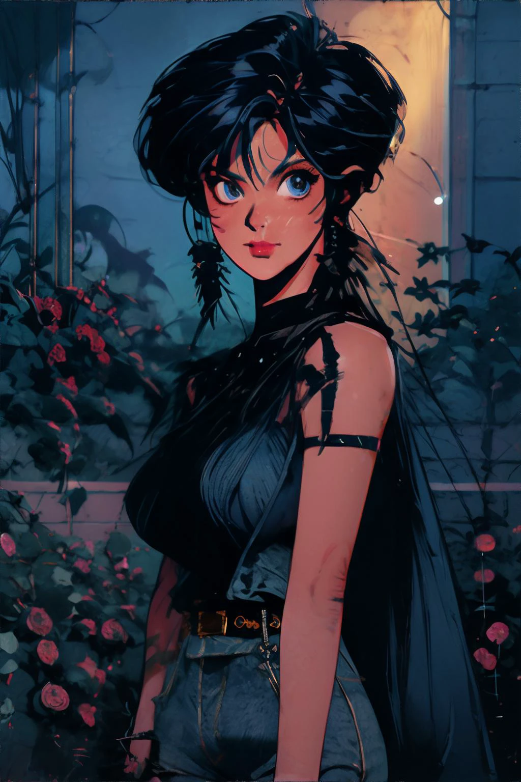 <lora:darkstyle-isabelia:0.8>, cinematic lighting, David Park, lights, tauren woman, denim blue shag haircut, black eyes, wearing sorcerer's habit, In a labyrinthine garden of thorns, where roses bloom with the light of the stars || <lora:darkstyle-isabelia:0.2>, cinematic lighting, lights, masterpiece, 8k, high resolution, shallow depth of field, sharp focus