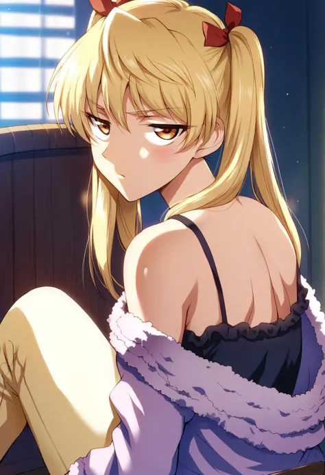 <lora:sawachika_eri_ponyxl_v8:0.8>, sawachika eri, twintails, solo, looking at viewer, sitting, from side, annoyed, half-closed eyes,
black camisole, capri pants, light yellow pants, light purple shirt, strapless shirt, frilled shirt, shirt under shirt, off shoulder,
indoors, on chair, wooden chair,
score_9, score_8_up, score_7_up, score_6_up, anime coloring, (hara \(harayutaka\):0.5), (m-da s-tarou, asou \(asabu202\):0.5), masterpiece, best quality, perfect lighting, perfect shadows