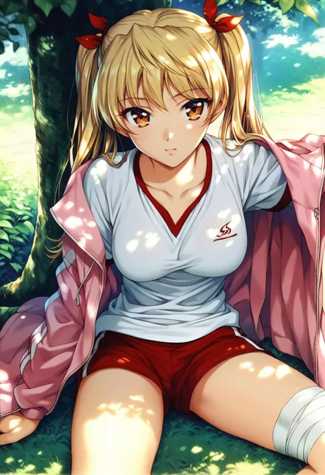 <lora:sawachika_eri_ponyxl_v8:0.8>, sawachika eri, twintails, solo, looking at viewer,
gym uniform, white shirt, red shorts, pink jacket, open jacket,
sitting, on ground, outdoors, against tree, tree shade, outstretched legs, bandaged leg,
score_9, score_8_up, score_7_up, score_6_up, anime coloring, high quality, detailed, beautiful, shiny, outstanding, countershading, detailed soft lighting