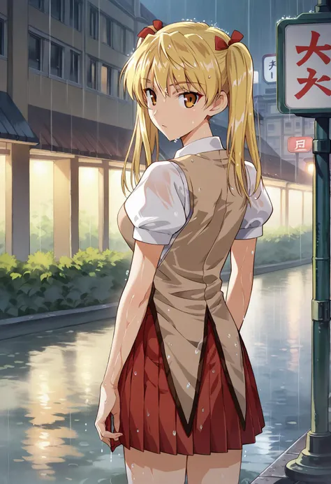 <lora:sawachika_eri_ponyxl_v8:0.8>, sawachika eri, twintails, solo, looking back, looking at viewer,
school uniform, brown vest, white shirt, collared shirt, red skirt, pleated skirt, puffy short sleeves, 
from behind, cowboy shot, standing, wet,
rain, outdoors, street, building,
score_9, score_8_up, score_7_up, score_6_up, anime coloring, high quality, detailed, beautiful, shiny, outstanding, countershading, detailed soft lighting