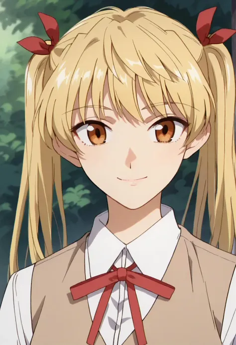 <lora:sawachika_eri_ponyxl_v8:0.8>, sawachika eri, blonde hair, twintails, solo, standing, looking at viewer, upper body, smile,
school uniform, white shirt, brown vest, red ribbon, neck ribbon, collared shirt,
score_9, score_8_up, score_7_up, score_6_up, anime coloring, (screencap:0.5)