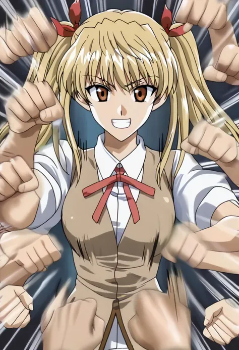 <lora:sawachika_eri_ponyxl_v8:0.8>, sawachika eri, blonde hair, twintails, solo, standing, looking at viewer, upper body, smile,
school uniform, white shirt, brown vest, red ribbon, neck ribbon, collared shirt,rushpunch,punching,multiple hands,fists,clenched fists,(motion_blur:1.2),(motion line:1.1),speed_lines,