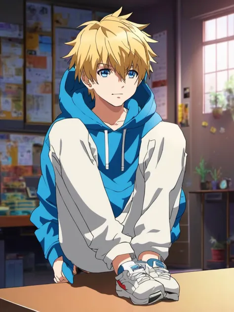anime artwork a young boy Leon Raymond, blonde hair, blue eyes, complex background, dystopia, wearing a white hoodie, long sleeves, indoor, (detailed background,dark fantasy), depth of field,black light particles, symbol-shaped_pupils, 11 years old, solo, 1boy, (full body), <lora:Leon Raymond v1:0.8>, long sleeves, hoodie, 8k, uhd, (masterpiece, best quality, ultra-detailed, best shadow) . anime style, key visual, vibrant, studio anime, highly detailed