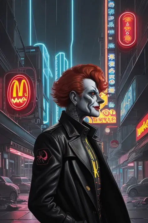 Close-up of Ronald McDonald in a black trench coat, short red hair, neon McDonald's sign, Ligne Claire illustration of Ronald McDonald, Cyberpunk, ligne claire, watercolor, bold ink, dark, dystopian science fiction city, skyscrapers, cables, rain, reflections, neon lights, signs, street, sidelighting, close-up, clown, glowing electronics and circuitry tattoos, neon golden arches, side view, in profile, lightning, fog, science fiction, by Jean-Pierre Gibrat, short red hair, krenkel, golden arches, yellow neon M sign, city, cinematic, clown standing outside post apocalyptic McDonald's exterior