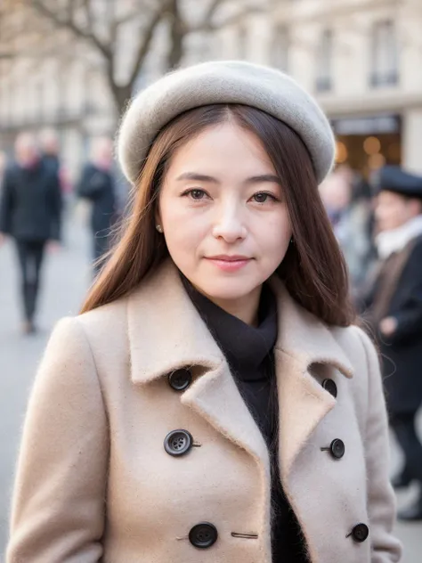 professional portrait photo of a woman in a beret and mohair jacket on the streets of paris, bokeh
