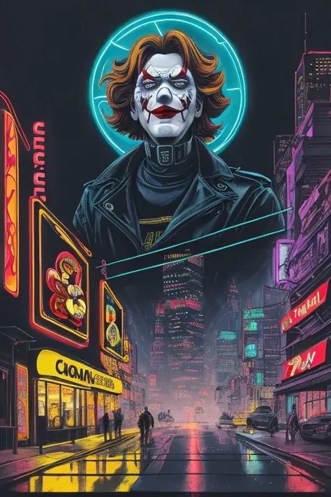 Close-up of Ronald McDonald in a black trench coat, neon McDonald's sign, red clown nose, Ligne Claire illustration of Ronald McDonald, Cyberpunk, ligne claire, watercolor, bold ink, dark, science fiction, skyscrapers, cables, rain, reflections, neon lights, signs, street, sidelighting, close-up, clown, glowing electronics and circuitry tattoos, neon golden arches, side view, in profile, lightning, fog, science fiction, Jean-Pierre Gibrat, red hair, krenkel, red nose, golden arches, yellow and red neon M sign, city