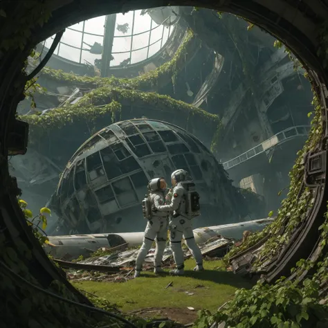 two astronauts embrace each other as they observe the wreckage of a derelict starship floating in space, tragic, romantic, ligne claire illustration, science fiction, overgrown vines and flowers, geodesic domes