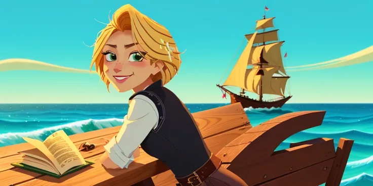 naval battle, 25yo girl, black trousers, white shirt, light smile, long hair, blonde hair, green eyes, messy hair, gorgeous, freckles, (full body), ocean, pirate ship, on the deck, at the wheel, gorgeous, perfect anatomy, perfect proportions, detailed, high_resolution, charming, alluring, sexy, realistic lighting, soothing tones, muted colors, high contrast, soft light, sharp, artistic photoshoot, aesthetic, old book style ink illustration, faded ink, <lora:TangledAdventure_2:1>