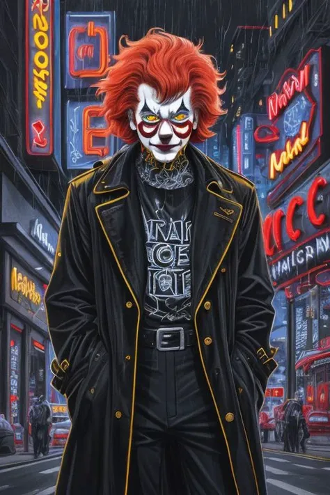 Close-up of Ronald McDonald in a black trench coat, neon McDonald's sign, red clown nose, Ligne Claire illustration of Ronald McDonald, Cyberpunk, ligne claire, watercolor, bold ink, dark, science fiction, skyscrapers, cables, rain, reflections, neon lights, signs, street, sidelighting, close-up, clown, glowing electronics and circuitry tattoos, neon golden arches, side view, in profile, lightning, fog, science fiction, Jean-Pierre Gibrat, red hair, krenkel, red nose, golden arches, yellow and red neon M sign, city