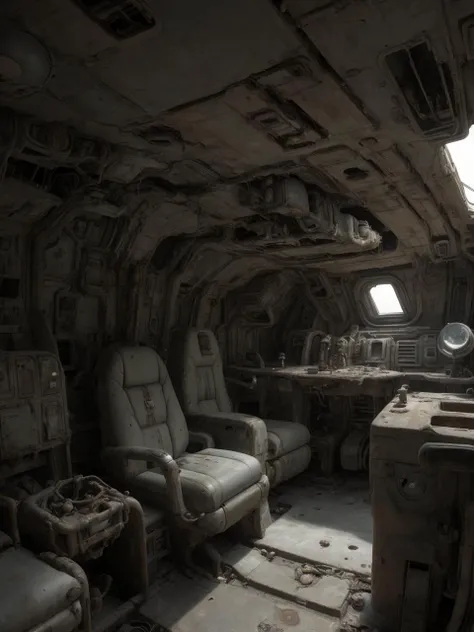 science fiction starship interior, cluttered, post apocalyptic