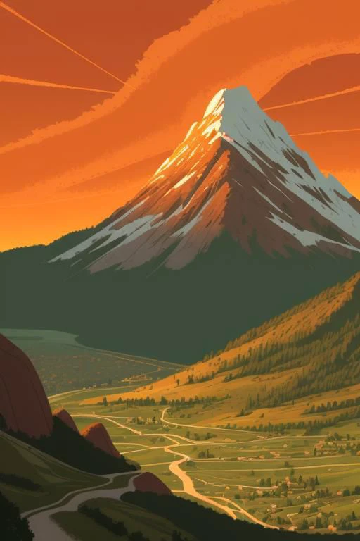 Scenic mountain landscape, orange sky