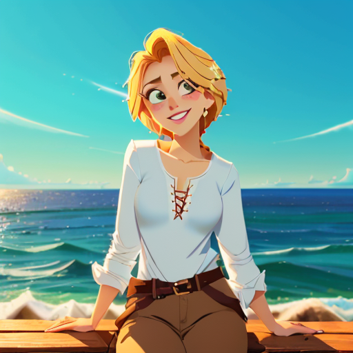 A woman sitting on a wooden bench next to the ocean - SeaArt AI