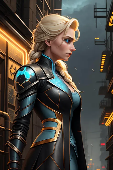 Elsa from Frozen, braid, black trench coat, blonde, Cyberpunk, Science fiction, post-apocalyptic, wearing blue kintsugi blouse, kintsugi cybernetics, dramatic lighting, black kintsugi leather trenchoat, alleyway, neon lights, cables, fog, mist, city, wires, signs, skyscrapers, rain, blonde hair, single braid, glowing kintsugi electronics, by Steve McCurry, by Lee Jeffries, by Jeremy Mann, blue lights, cyberpunk, elsa (frozen), science fiction background, glowing neon lights, fire escape, alley, crowded, bokeh, street vendors, ligne claire, krenkel, gibrat, colorized, snowing, single braid, low angle, (side view:1.1), rule of thirds, (profile:0.8), blizzard, snowflake motif, close-up <lora:kintsugi:1>