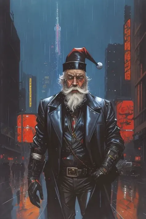Cyberpunk Santa Claus, By Jean-Pierre Gibrat, Krenkel, watercolor, bold ink, dark, by Wally Wood, By Jeremy Mann, skyscrapers, cables, rain, reflections, neon lights, signs, street, sidelighting, close-up, beard, Santa hat, dark black ink