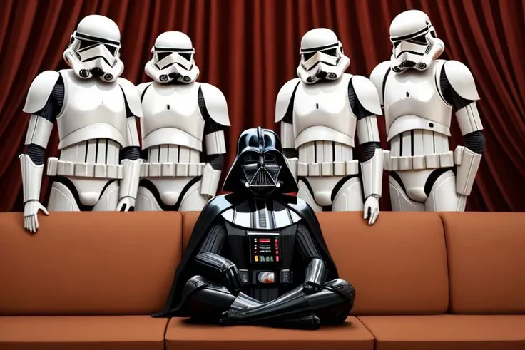 Darth Vader sitting on a couch indian style, surrounded by stormtroopers, multiple boys