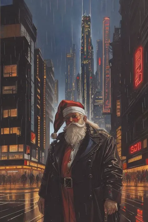 Cyberpunk Santa Claus, By Jean-Pierre Gibrat, Krenkel, watercolor, bold ink, dark, by Wally Wood, By Jeremy Mann, skyscrapers, cables, rain, reflections, neon lights, signs, street, sidelighting, close-up, beard, Santa hat