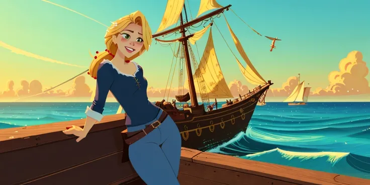 naval battle, 25yo girl, black trousers, white shirt, light smile, long hair, blonde hair, green eyes, messy hair, gorgeous, freckles, (full body), ocean, pirate ship, on the deck, at the wheel, gorgeous, perfect anatomy, perfect proportions, detailed, high_resolution, charming, alluring, sexy, realistic lighting, soothing tones, muted colors, high contrast, soft light, sharp, artistic photoshoot, aesthetic, old book style ink illustration, faded ink, <lora:TangledAdventure_2:1>