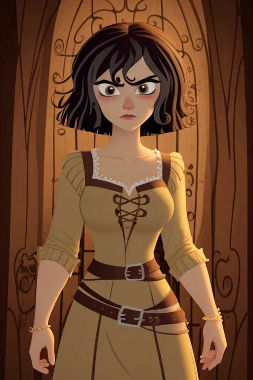 Cassandra from Tangled, wearing a brown outfit and belt, black hair