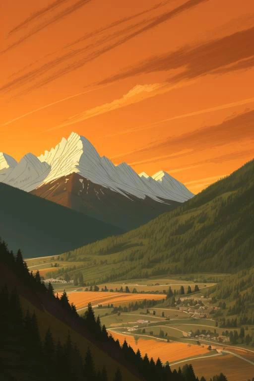 Scenic mountain landscape, orange sky