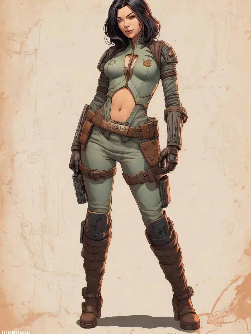 ligne claire illustration, science fiction bounty hunter, female, hips