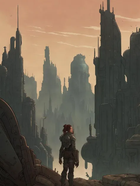 lone science fiction warrior, ligne claire illustration, post-apocalyptic cityscape
