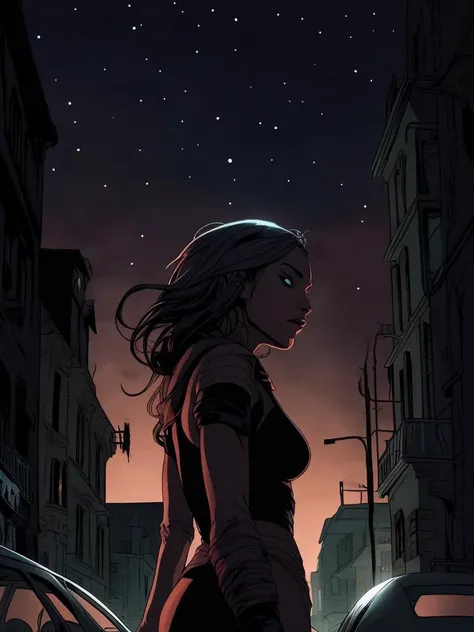 ligne claire illustration, closeup of a woman, city street, nighttime, streetlight, asphalt