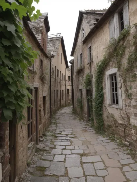 dilapidated village, cobblestone, crumbling buildings, vines