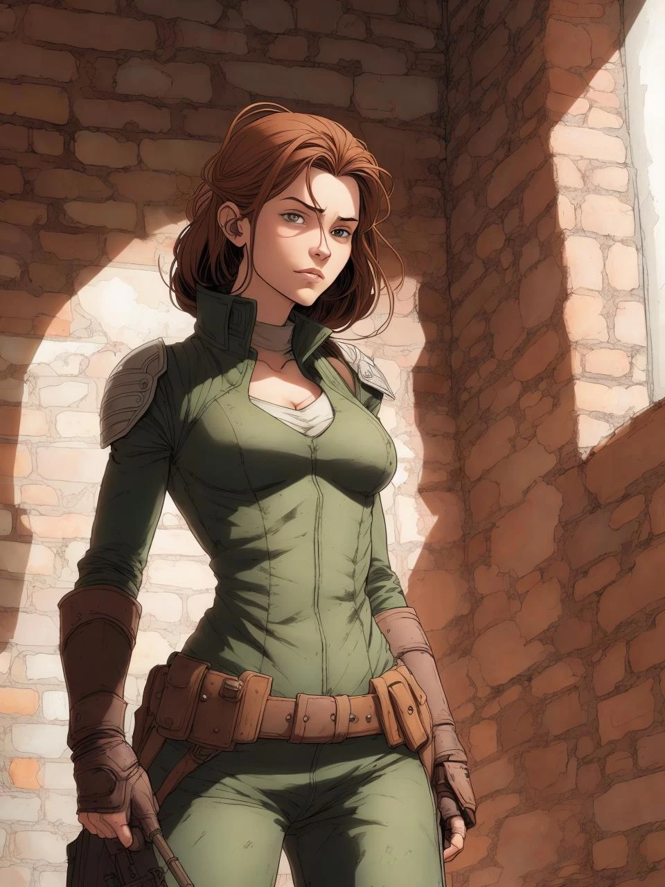 ligne claire illustration, woman posing against a brick wall