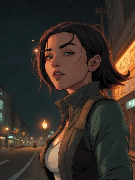 ligne claire illustration, closeup of a woman, city street, nighttime, streetlight, asphalt