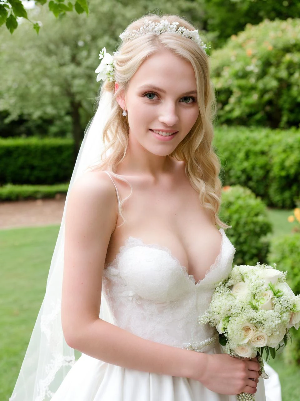 beautiful blond bride, flowers, wedding dress, outdoor wedding photography, (nipslip:1.2)