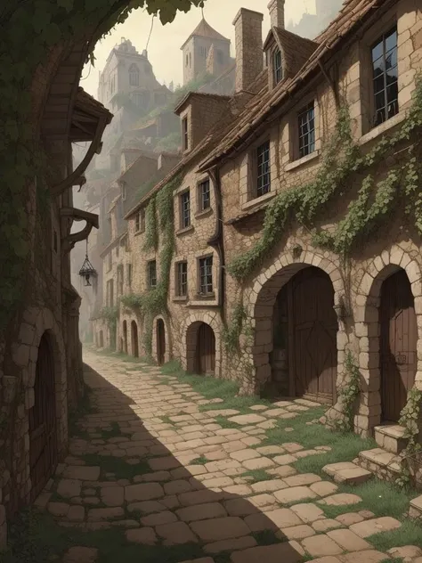 dilapidated village, ligne claire illustration, cobblestone, crumbling buildings, vines