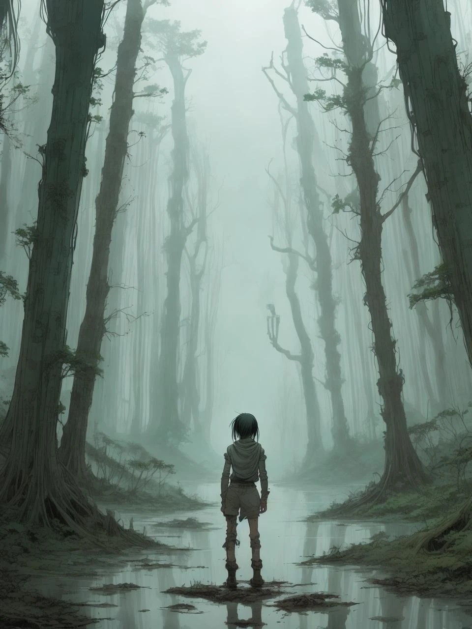 standing alone, ligne claire illustration, science fiction, post-apocalyptic, overgrown forest, ghostly spirits, rainstorm