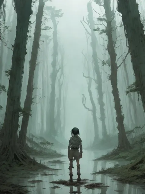 young child standing alone, ligne claire illustration, science fiction, post-apocalyptic, overgrown forest, ghostly spirits, rainstorm