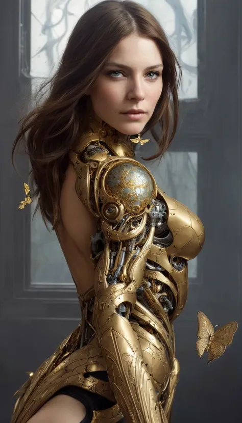 8k portrait of beautiful cyborg with brown hair, intricate, elegant, highly detailed, majestic, digital photography, art by artgerm and ruan jia and greg rutkowski surreal painting gold butterfly filigree, broken glass, (masterpiece, sidelighting, finely detailed beautiful eyes: 1.2), hdr