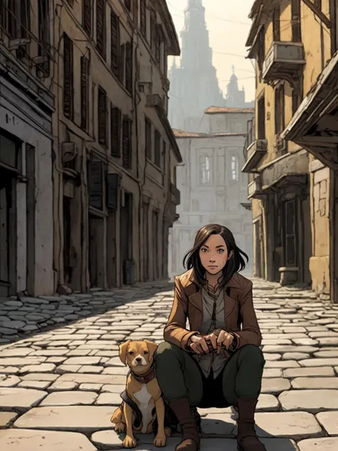 a seated woman with a dog, crumbling cobblestone street, palms, ligne claire illustration
