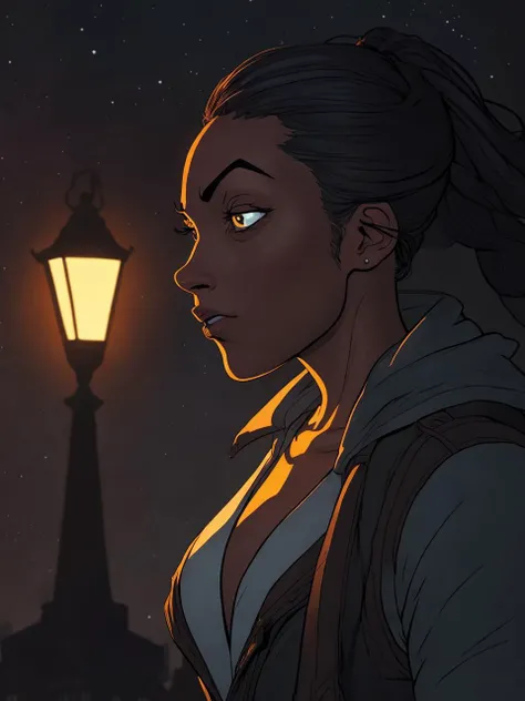 ligne claire illustration, closeup of a woman, city street, nighttime, streetlight, asphalt