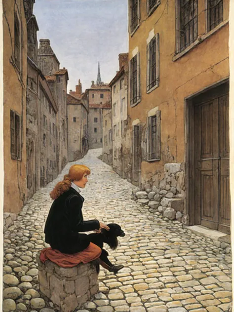 a seated woman with a dog, crumbling cobblestone street, palms, illustration by Francois Schuiten