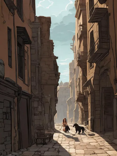 a seated woman with a dog, crumbling cobblestone street, palms, ligne claire illustration