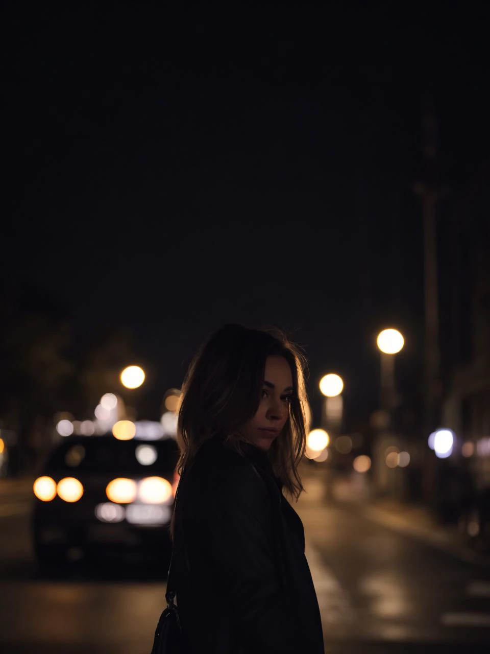 closeup of a woman, city street, nighttime, streetlight, asphalt