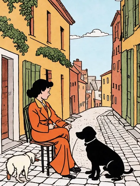 a seated woman with a dog, crumbling cobblestone street, palms, illustration by Herge