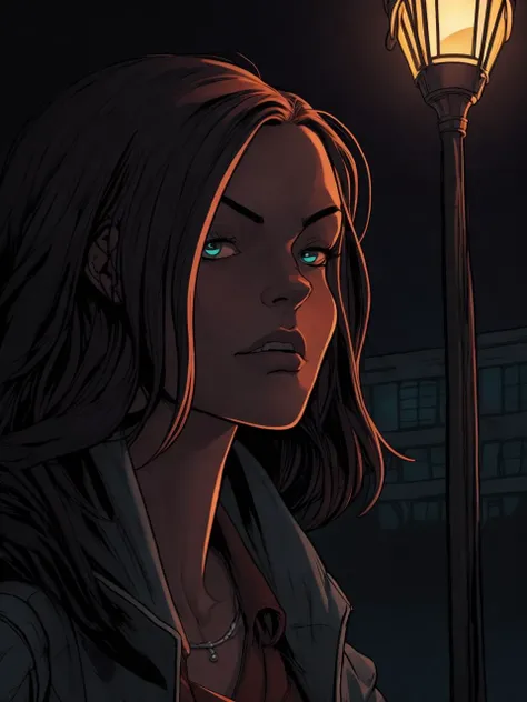 ligne claire illustration, closeup of a woman, city street, nighttime, streetlight, asphalt