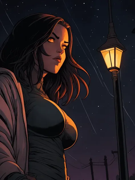 ligne claire illustration, closeup of a woman, city street, nighttime, streetlight, asphalt